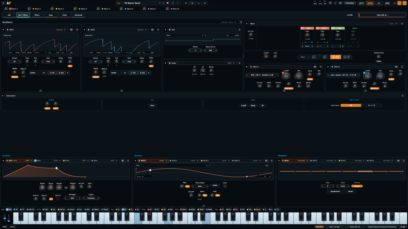 Aural Forge dual filter editor showing source mixer, A to B routing, two filter profiles, FM controls, and keyboard performance strip