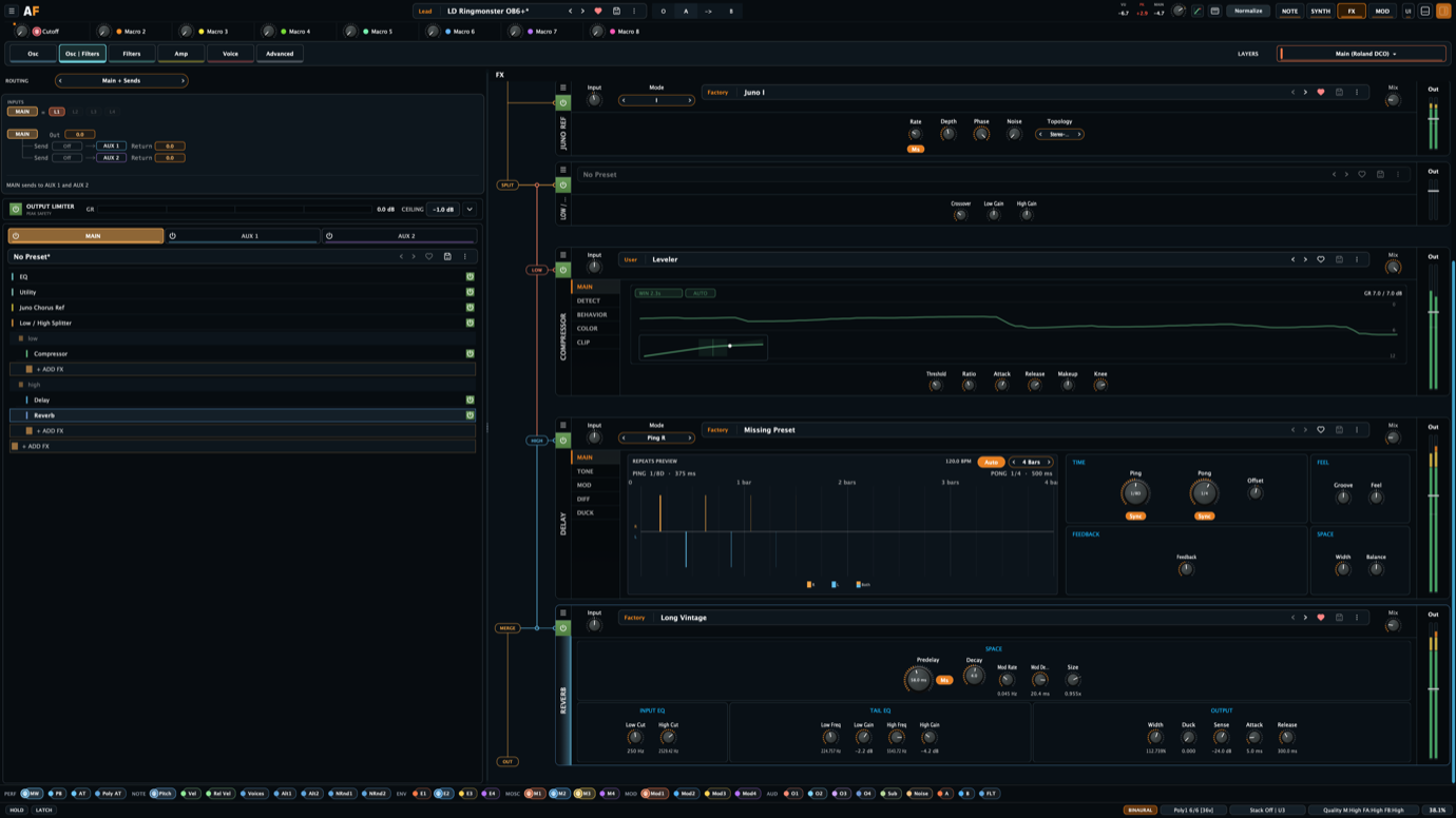 Aural Forge FX rack showing low high splitter routing with compressor, delay, reverb, sends, and output meters