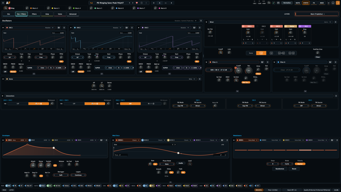 Aural Forge synth editor showing triple oscillator cards, mixer, dual filters, modulators, and binaural mode