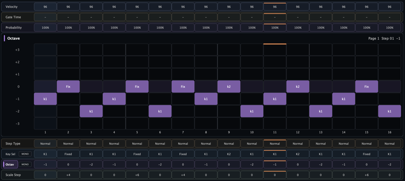 Aural Forge Matrix octave lane showing a sixteen-step pattern with aligned velocity, gate, probability, key selection, octave, and scale-step rows