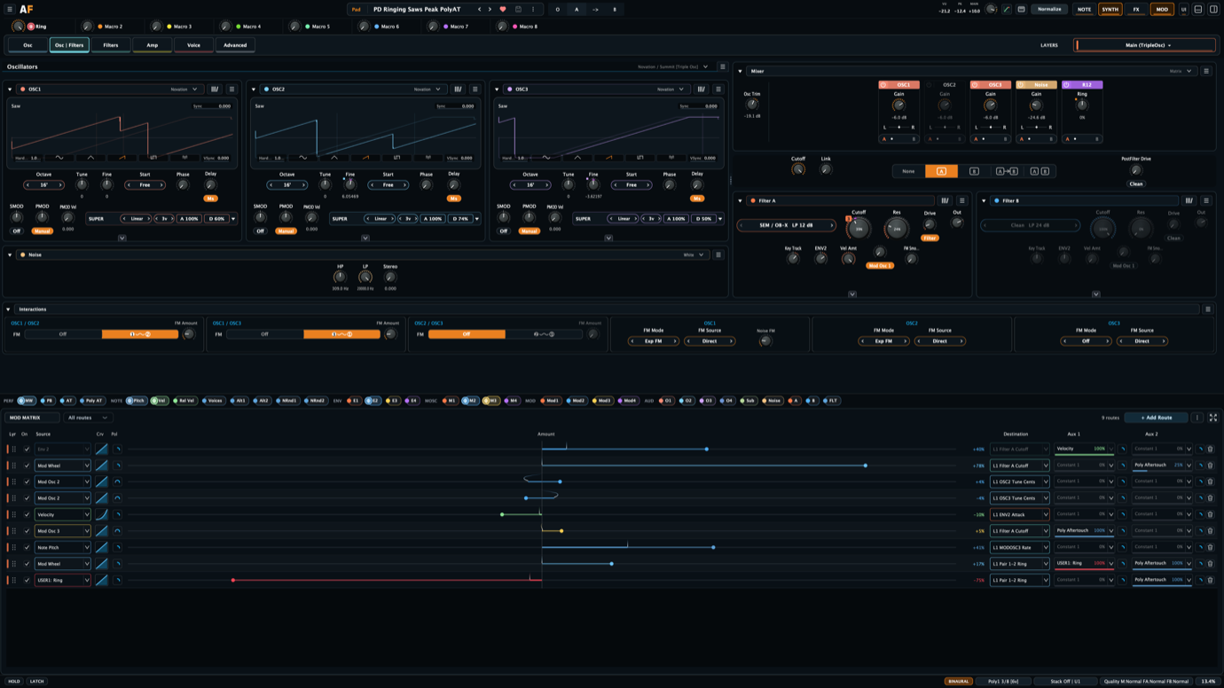 Aural Forge modulation matrix showing multiple authored modulation routes and destination columns