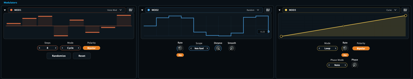 Three Aural Forge multi-engine modulators showing Voice Mod steps, scoped Random movement, and an editable Curve