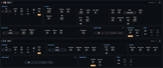 Expanded Aural Forge oscillator cards for Mutable Instruments Elements and Rings with exciter, resonator, external input, output, and modulation controls