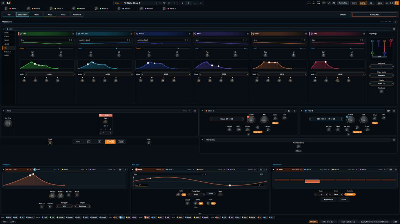 Aural Forge OP6 editor showing six FM operators, envelopes, algorithm topology, and dual filters