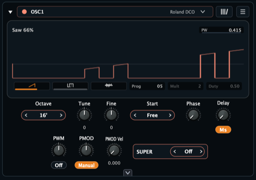 Aural Forge Roland DCO oscillator core showing a programmed Alpha Juno style saw waveform and pulse-width controls