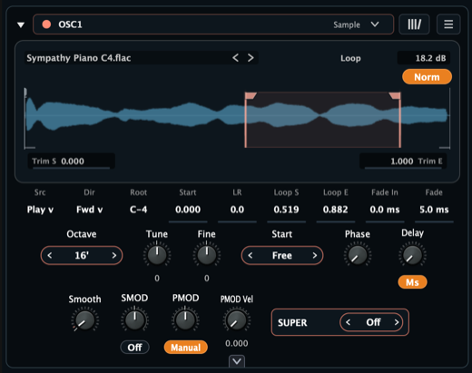 Aural Forge Sample oscillator core showing a loaded waveform with trim, loop, direction, root note, normalization, and fade controls