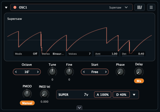 Aural Forge Supersaw oscillator core showing seven saw voices with amount, detune, and stereo behavior controls
