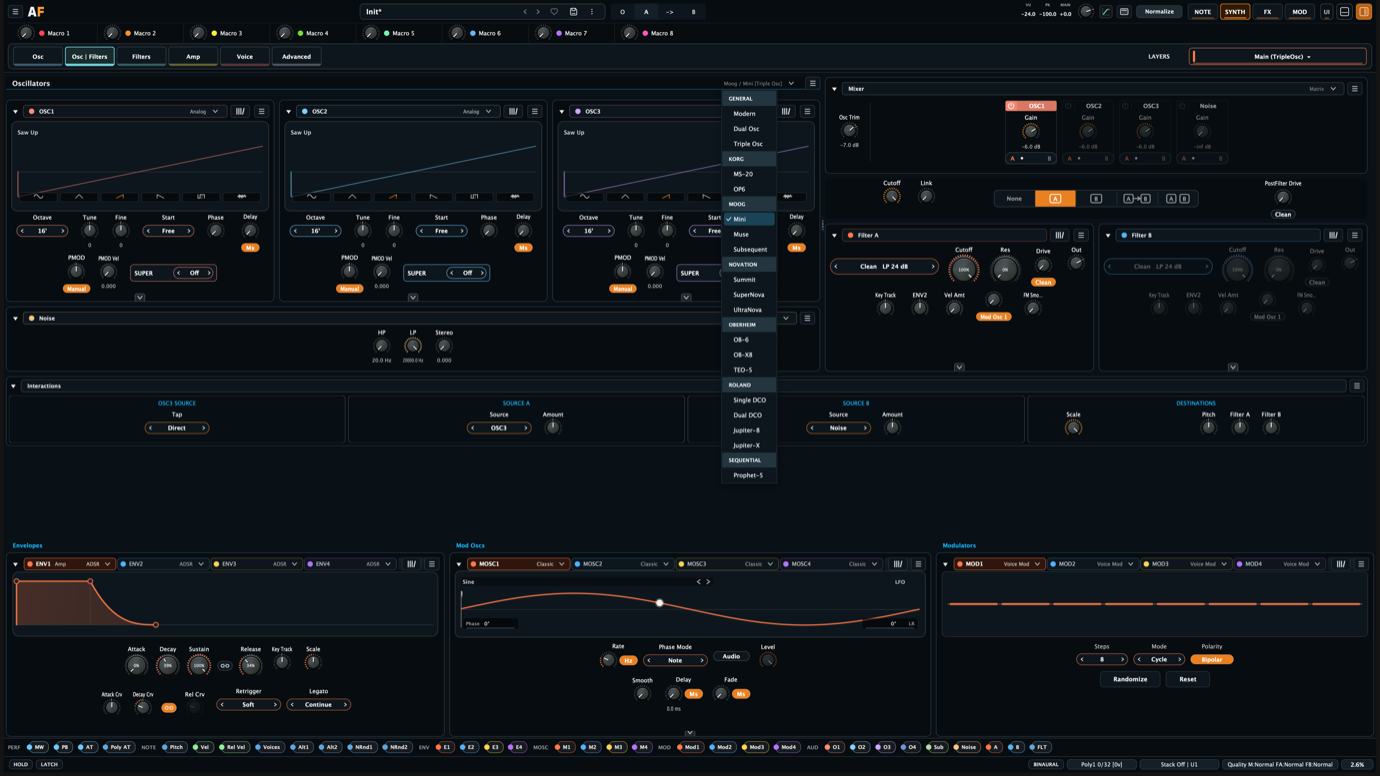 Aural Forge oscillator profile picker showing grouped hardware-inspired profile choices