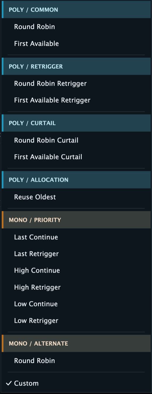 Aural Forge Play preset menu grouping Poly common, retrigger, curtail, allocation, and Mono priority and alternate profiles