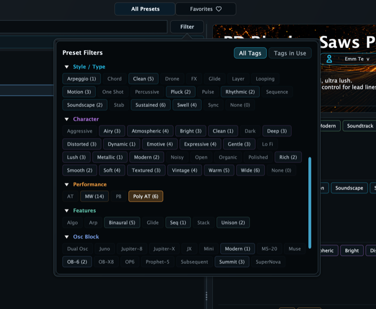 Aural Forge preset filter showing searchable Style, Character, Performance, Features, and Osc Block tags with result counts
