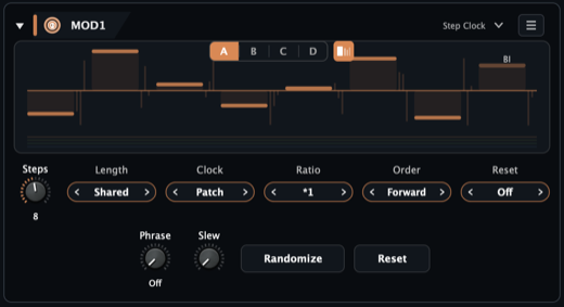 Aural Forge Steps editor showing lane tabs A through D, a stepped modulation sequence, clock, length, slew, phase, order, and reset controls