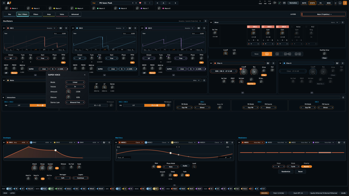 Aural Forge oscillator screenshot showing a Novation profile with Super Voice settings, binaural stereo law, source mixing, filter routing, and modulation panels