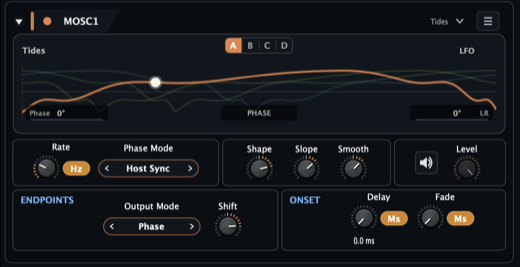 Aural Forge Tides modulation oscillator showing four related waveforms, Phase output mode, Shape, Slope, Smooth, Shift, Delay, Fade, and Level controls