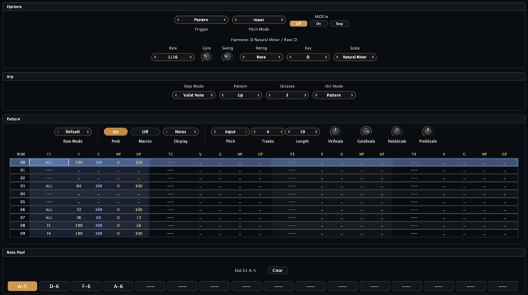 Aural Forge Tracker showing trigger and pitch options, arp controls, four active tracks, probability columns, and a note pool