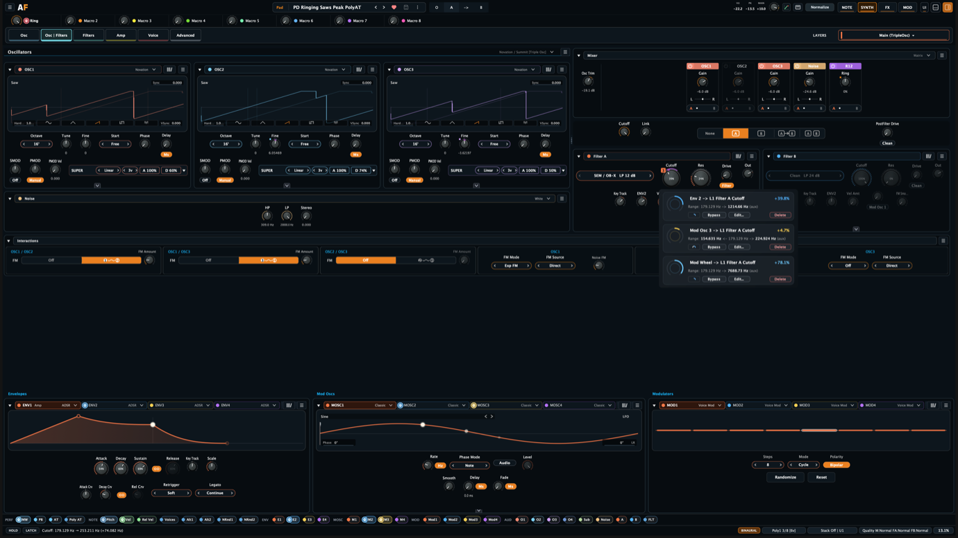Aural Forge synth editor showing an in-place modulation route editing popup over the filter section